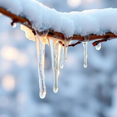 Melting icicles drip from a snow-covered branch, signaling winter's end,  ice,  change
