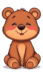 Cute cartoon bear cub, friendly, playful, sitting, brown fur, simple, vector art, isolated on white background,  sitting,  white background
