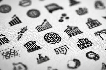 A textured grayscale surface is filled with stylized line-art icons of business & financial concepts