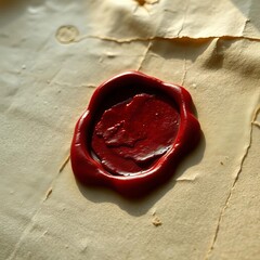 Crimson wax seal impression on a folded vellum fragment, casting a soft glow, suggesting forgotten riches,  ambient,  riches
