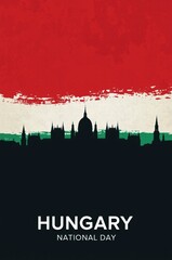 Hungary National Day poster featuring flag colors and skyline  