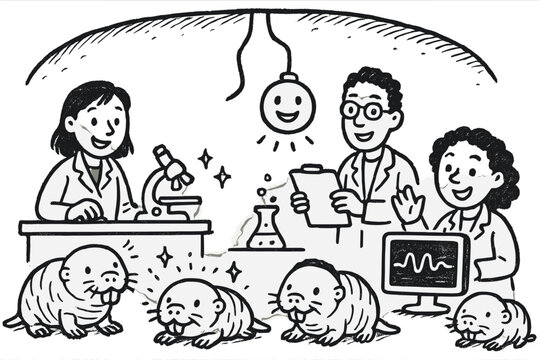 Subterranean Lab Delight. Friendly doodle subterranean physiology lab with happy researchers, cartoon mole-rats with faces,