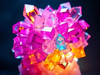 A vibrant cluster of multifaceted crystals with sharp edges and a shimmering glow,  sparkle,  vibrant