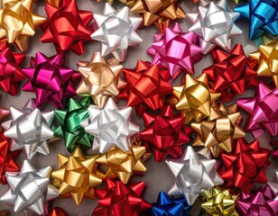 Overhead shot of many colorful star-shaped gift bows, closely packed