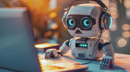 Confused robot customer support agent with laptop and copy space for text