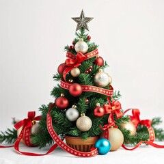 A whimsical arrangement of Christmas tree ornaments and festive ribbon,  festive,  christmas