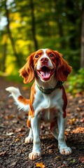 A happy Brittany Spaniel with a wagging tail, ready for adventure in a natural setting ,  Brittany Spaniel,  playful