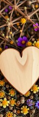 A charming, unvarnished wooden heart with visible grain, resting on a bed of dried wildflowers,  decor,  farmhouse