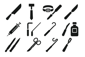 Fototapeta premium Antique Medical Tools Icons. Solid style icons of Antique Medical Tools: Amputation Knife, Trephine, Tourniquet, Lancet, Glass