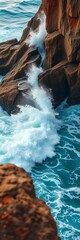 Crashing waves against rocky cliffs, creating sea spray,  cliffs,  ocean