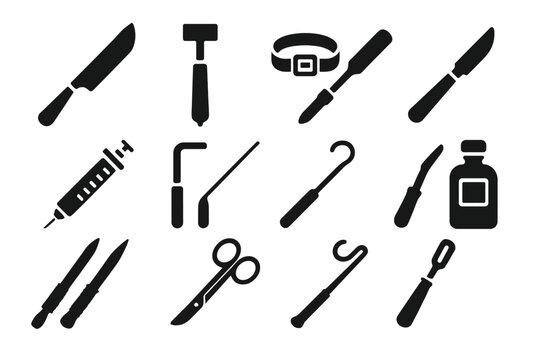 Antique Medical Tools Icons. Solid style icons of Antique Medical Tools: Amputation Knife, Trephine, Tourniquet, Lancet, Glass
