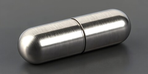 Metallic silver capsule on a dark gray background pharmaceutical or industrial design concept