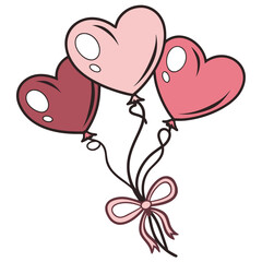 Three glossy heart-shaped balloons in pink and red are tied together with a pink bow, evoking themes of love and celebration.