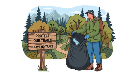 Person cleaning up a trail promoting environmental protection.