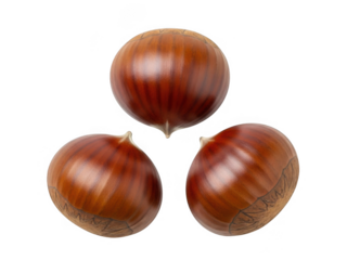 Three chestnuts arranged in a triangle isolated on transparent background