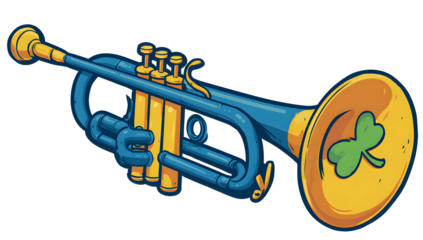 A colorful pixel art illustration of a trumpet with a clover design
