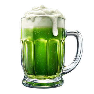 A vibrant green beer in a clear glass mug with a foamy head