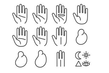 Fototapeta premium Divination Tool Icons. Line style icons of Divination Tools: Palm Lines, Life Line, Hand Mounts, Fortune Telling; Heart Line, Head