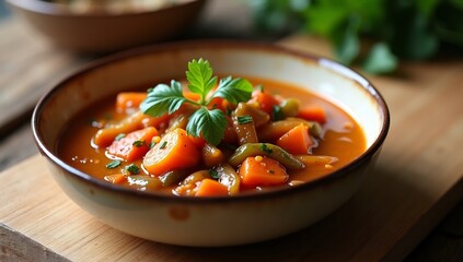 Hearty and healthy vegetable stew with vibrant carrots and peppers served in a rustic ceramic bowl