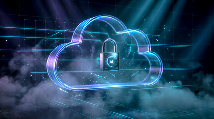 A massive, translucent digital cloud with glowing edges floating in a dark cyberspace, a hyper-realistic metal padlock floating within the cloud