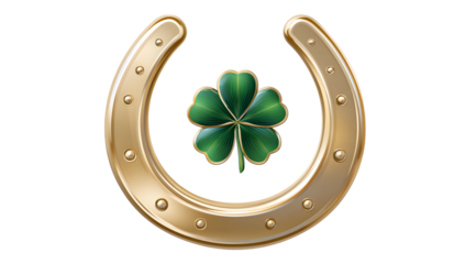 A golden horseshoe cradling a vibrant four leaf clover against a black background