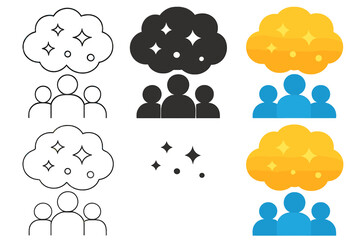 Dreamlike Thought Cloud. Crowd of faceless people sharing a glowing dreamlike thought cloud above their heads, surreal minimal