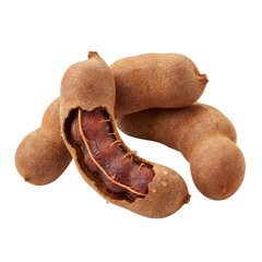 Fresh ripe tamarind pods with cracked shell revealing sticky brown pulp, showcasing natural texture and tropical fruit characteristics, ideal for culinary, ingredient, and organic food concepts.