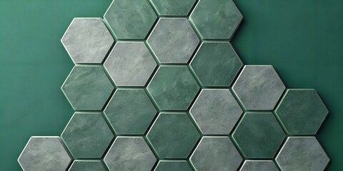 Abstract geometric hexagonal tiles in varying shades of green and gray arranged on textured teal background