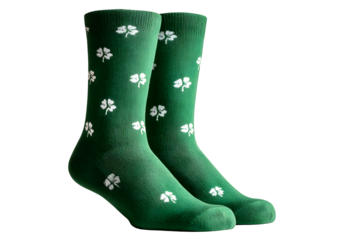 A pair of dark green socks decorated with white clover patterns