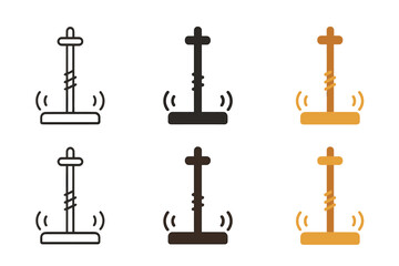 Fototapeta premium Wooden Fire Drill Icons. Wooden friction fire drill with spinning spindle and hearth board, minimal vector icon, first in line