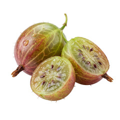 Fresh gooseberries with water droplets, featuring whole and halved fruits that reveal translucent green flesh and seeds, highlighting natural tartness, crisp texture, and nutritious summer produce.