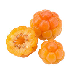 Fresh golden cloudberries with water droplets, including a halved berry revealing juicy translucent flesh and seeds.