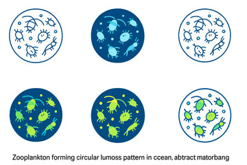 Obraz premium Luminous Zooplankton Patterns. Zooplankton forming circular luminous pattern in ocean, abstract minimalist vector illustration,
