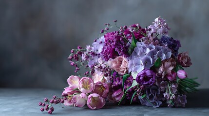 A vibrant floral arrangement featuring tulips and assorted purple, pink, and lilac blossoms
