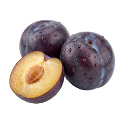 Fresh ripe plums with water droplets, showing whole fruits and a halved plum revealing golden yellow flesh and pit, highlighting juicy texture, natural sweetness, and nutritious summer stone fruit.
