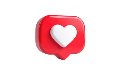 3D red, rounded-square speech bubble containing a glossy white heart, isolated on black