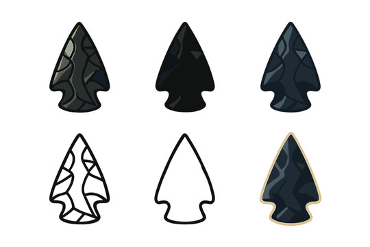 Volcanic Glass Arrowhead Icons. Sharp arrowhead made from dark volcanic glass with glossy facets, minimal vector icon, first in