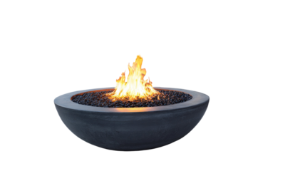 modern outdoor fire bowl with burining flames minimal concrete fireplace patio decor isolated on white background