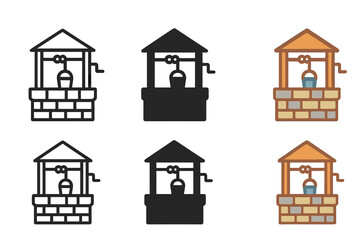 Fototapeta premium Stone Well Icons. Stone well with hanging bucket and rope system, clean minimal vector icon, first in line style with thin outline