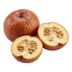 Fresh sapodilla fruit with rough brown skin and halved pieces revealing creamy flesh and clustered seeds.