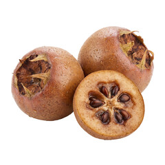 Fresh sapodilla fruit with natural brown skin and sliced interior revealing glossy seeds and soft flesh, highlighting tropical freshness, texture, and natural sweetness for healthy food concepts.