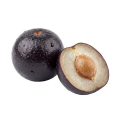 Fresh Java plum fruit showing glossy dark purple skin and a halved piece with pale juicy flesh and a large seed, highlighting tropical freshness, natural texture, and nutritious exotic produce.