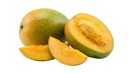 Fresh ripe mango with green-yellow skin, juicy golden flesh, and sliced pieces revealing rich texture and tropical sweetness, ideal for healthy food, fresh produce, and exotic fruit concepts.