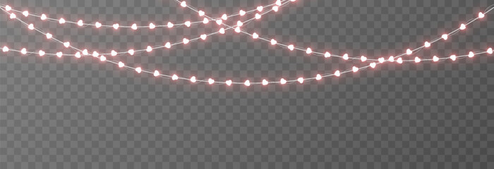 Garland with glowing hearts. Garland with hearts PNG. Light bulbs on the garland in the shape of hearts. Decoration for Valentine&rsquo;s Day.