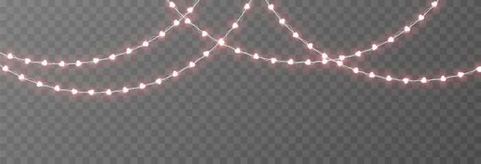 Garland with glowing hearts. Garland with hearts PNG. Light bulbs on the garland in the shape of hearts. Decoration for Valentine&rsquo;s Day.