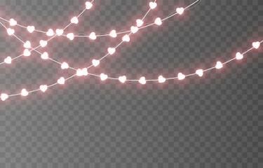Garland with glowing hearts. Garland with hearts PNG. Light bulbs on the garland in the shape of hearts. Decoration for Valentine&rsquo;s Day.