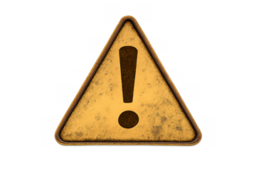 Yellow warning sign forming triangle with exclamation mark symbol, indicating danger, caution, and alert on transparent background