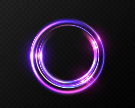 Glowing neon circular light ring with purple and blue energy glow isolated on transparent backgrounds
