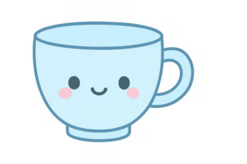 Cute kawaii blue teacup with smiling cartoon face on transparent background