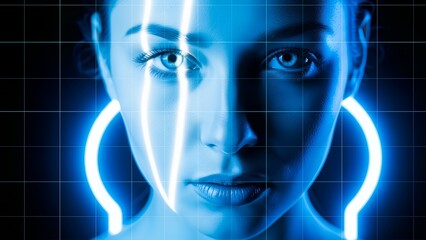 Blue Futuristic Female Face With Neon Light And Digital Grid